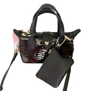 NEW JUICY COUTURE Classic Sequin Satchel Mini Tote Xbody Bag Charm Wallet BLACK